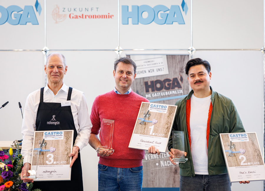 Wer folgt 2027 den Siegern von 2025 (im Bild) beim Gastro Innovation Award? Zum ersten Mal können sich Start-ups und Unternehmen in zwei Kategorien vor einer Fachjury beweisen / Foto: hoga-messe.de/ Foto: Daniel Karmann
